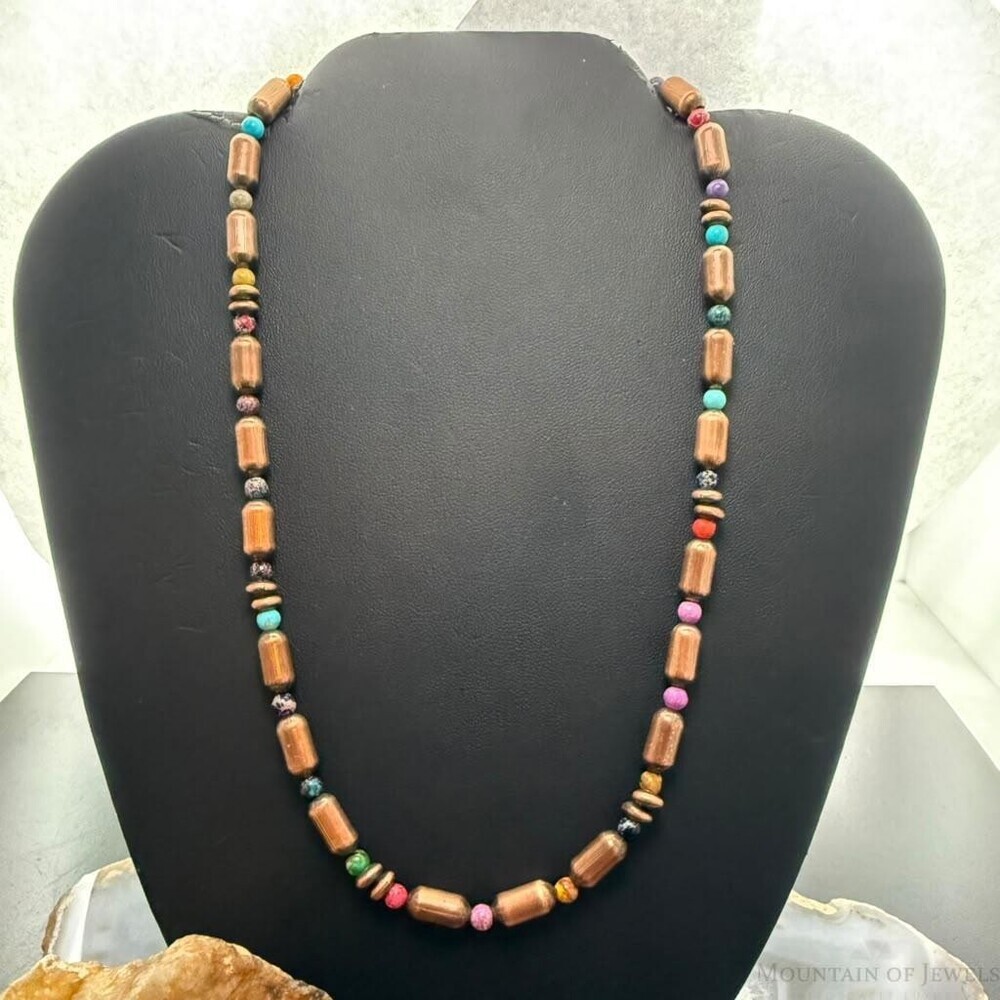 Southwestern Style Copper Navajo Pearl Round &Cylinder w/Multistone 18" Necklace